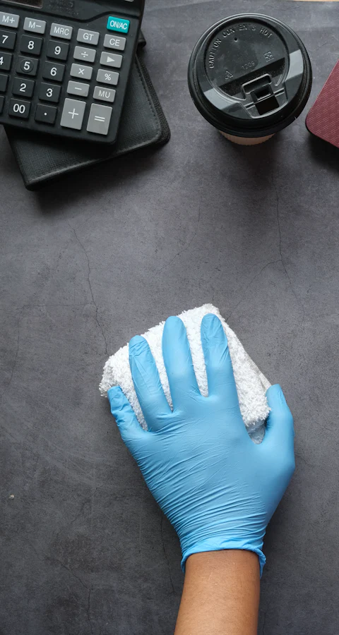 Behandschuhte Hände reinigen mit Spray und Tuch eine dunkle Schreibtischoberfläche