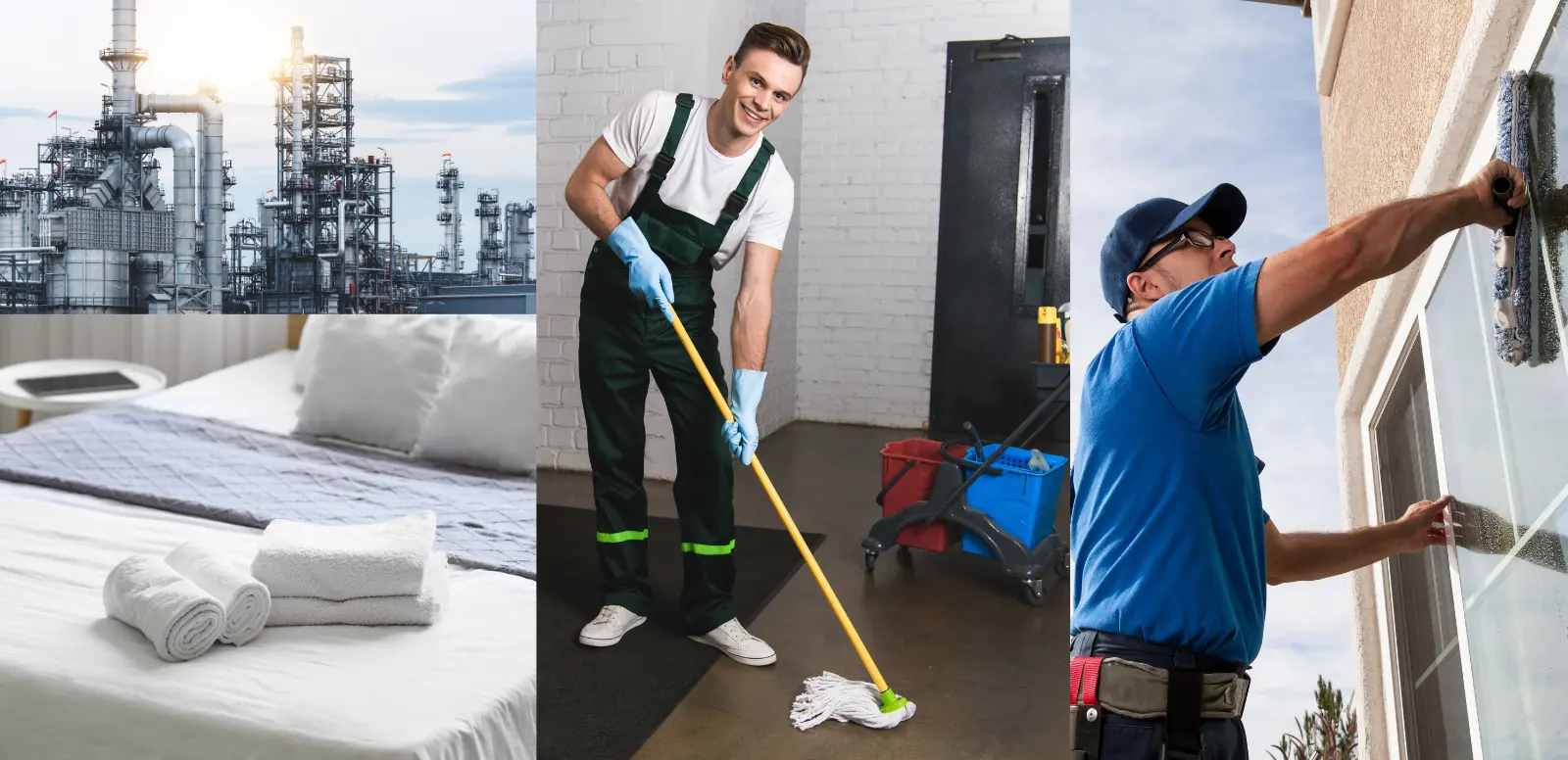 Collage aus vier Motiven: Industrieanlage, Hotelbett mit Handtüchern, Bodenreinigung mit Mopp und Fensterreinigung